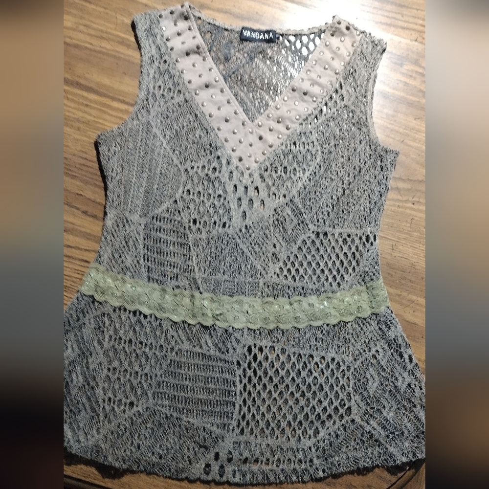 Y2K Boho Vandana Taupe Lace Mesh Sleeveless Top with Studded V-Neck